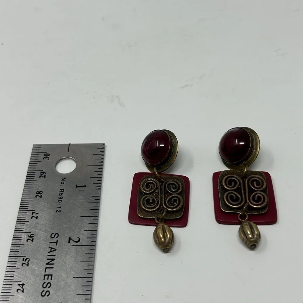 Boho Red Swirl Stud Dangle Earrings with Bronze Swirl Knotted Design Unique